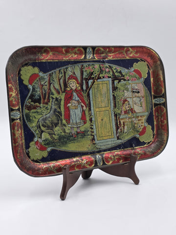 Rare Antique 1900's Collectible Tin German Red Riding Hood Serving Tray. 13 In