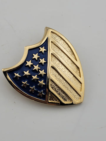 Lot Of 2 Crest Shield 13 Stars &Stripes 16 Clear Rhinestones Vintage Gold Brooch