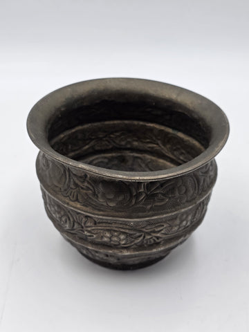 Antique 19th C Hand Chased Silver Tone Metal Bowl Floral Repousse Asian Cachepot