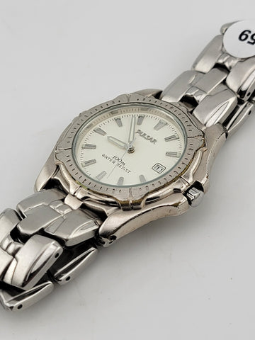 PULSAR Men's Silver Tone Stainless Steel White Dial Quartz WATCH V372-0240 Works