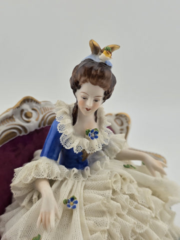 Vintage Sitzendorf Germany Lace Porcelain Lady Figurine Sofa Crown Mark. Read.