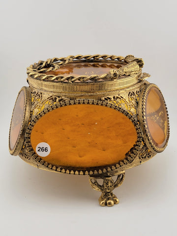 Antique Ormolu Filigree Trinket Casket Vitrine Box, 5-Sided Beveled Amber Glass