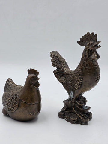 Pair Antique Chinese Bronze Rooster Hen Chicken Figures Qianlong Mark Auspicious