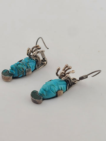 OOAK Vintage Mexican Sterling Silver Aztec-Style Turquoise Face Drop Earrings