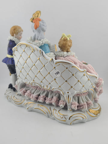 Antique 19th C Dresden Lace 3 Figure Sofa Group Porcelain Figurine U&S Germany