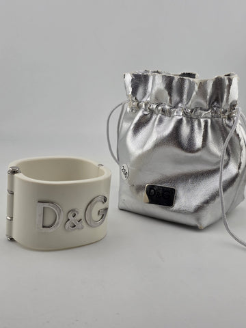 Vintage 2in Thick Dolce & Gabbana Logo Cuff Bangle 81AG White & Silver. 7 Inch