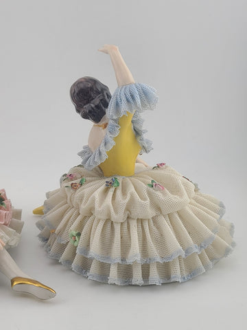 Pair Antique Dresden Lace Ballerina Figurine Dancer Handarbeit Germany Porcelain