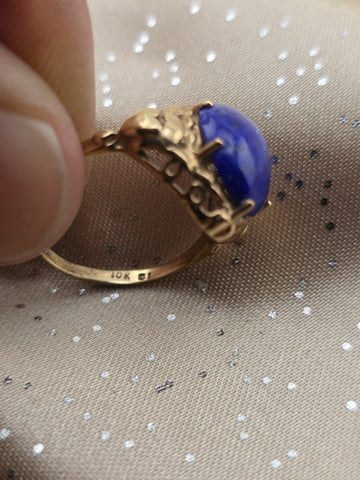 Antique 10K Solid Gold Lapis Lazuli Cabochon Ring Ornate Blue Statement. 6.75.