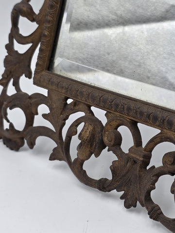 Antique Victorian Cast Iron Vanity Mirror Ornate Scrollwork Easel Frame C 1890.