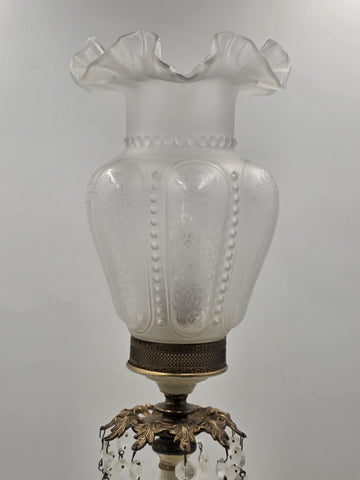 Antique Victorian Converted Table Lamp Etched Glass Shade Prism Drops 24"