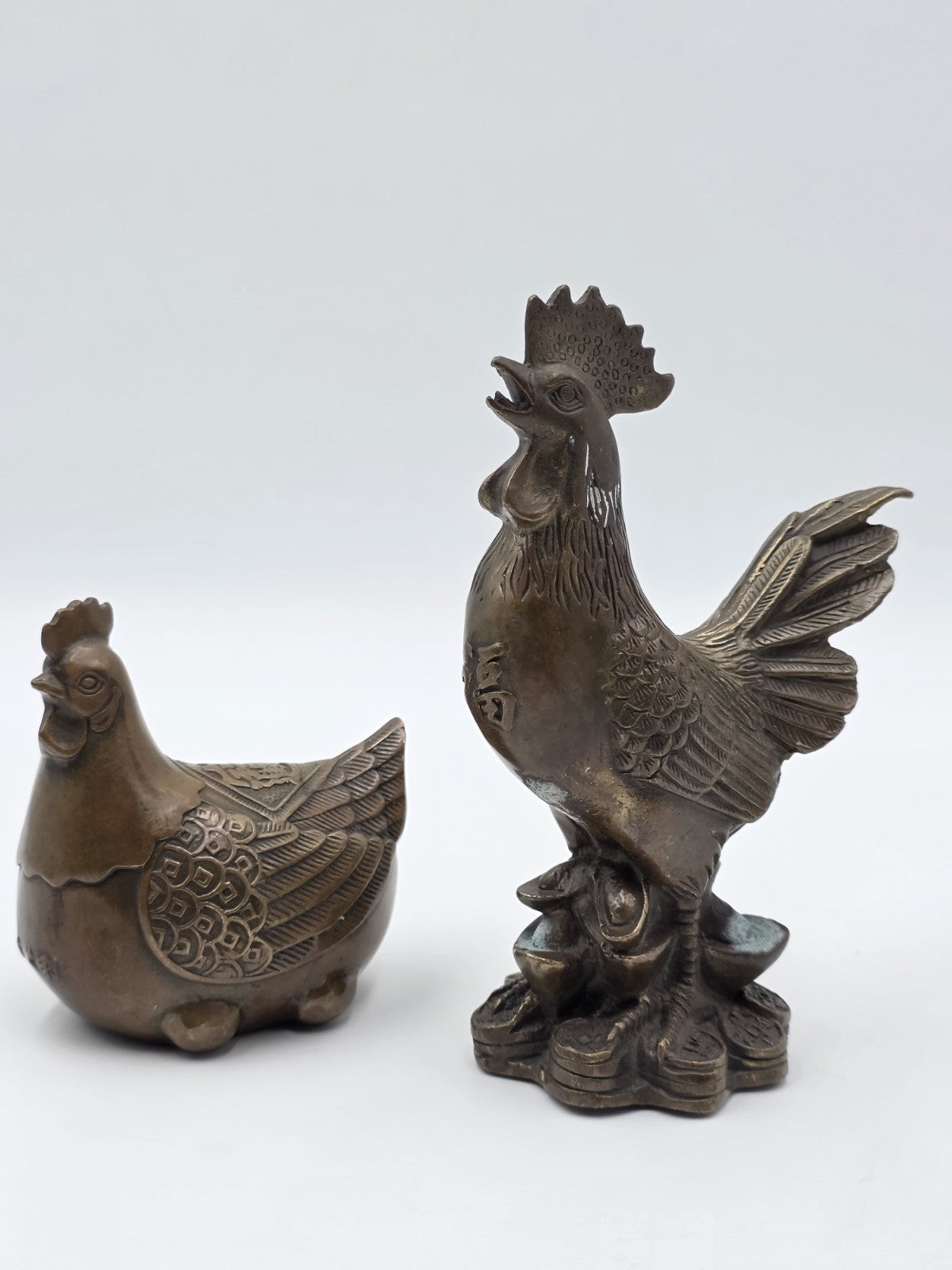 Pair Antique Chinese Bronze Rooster Hen Chicken Figures Qianlong Mark Auspicious