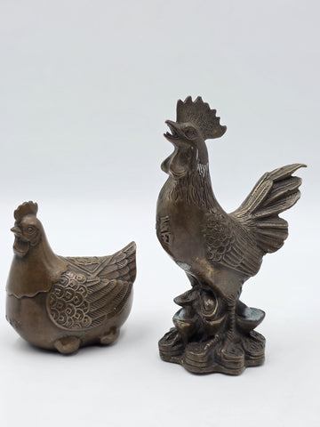Pair Antique Chinese Bronze Rooster Hen Chicken Figures Qianlong Mark Auspicious