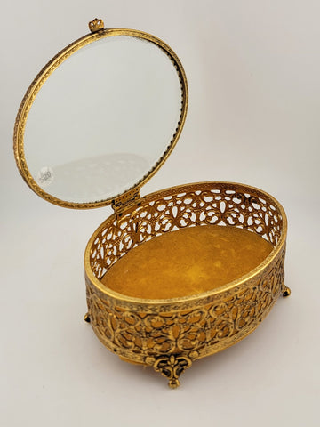 Vintage 1950s Hollywood Regency Ormolu Jewelry Casket Beveled Glass Filigree Box