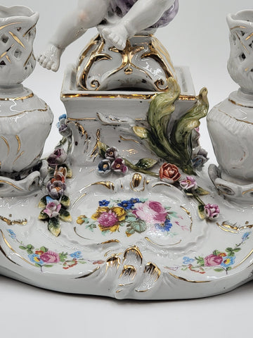 Rare Antique 19th C Porcelain Candle Holder Stand W Cherub & Flowers. Stamped.