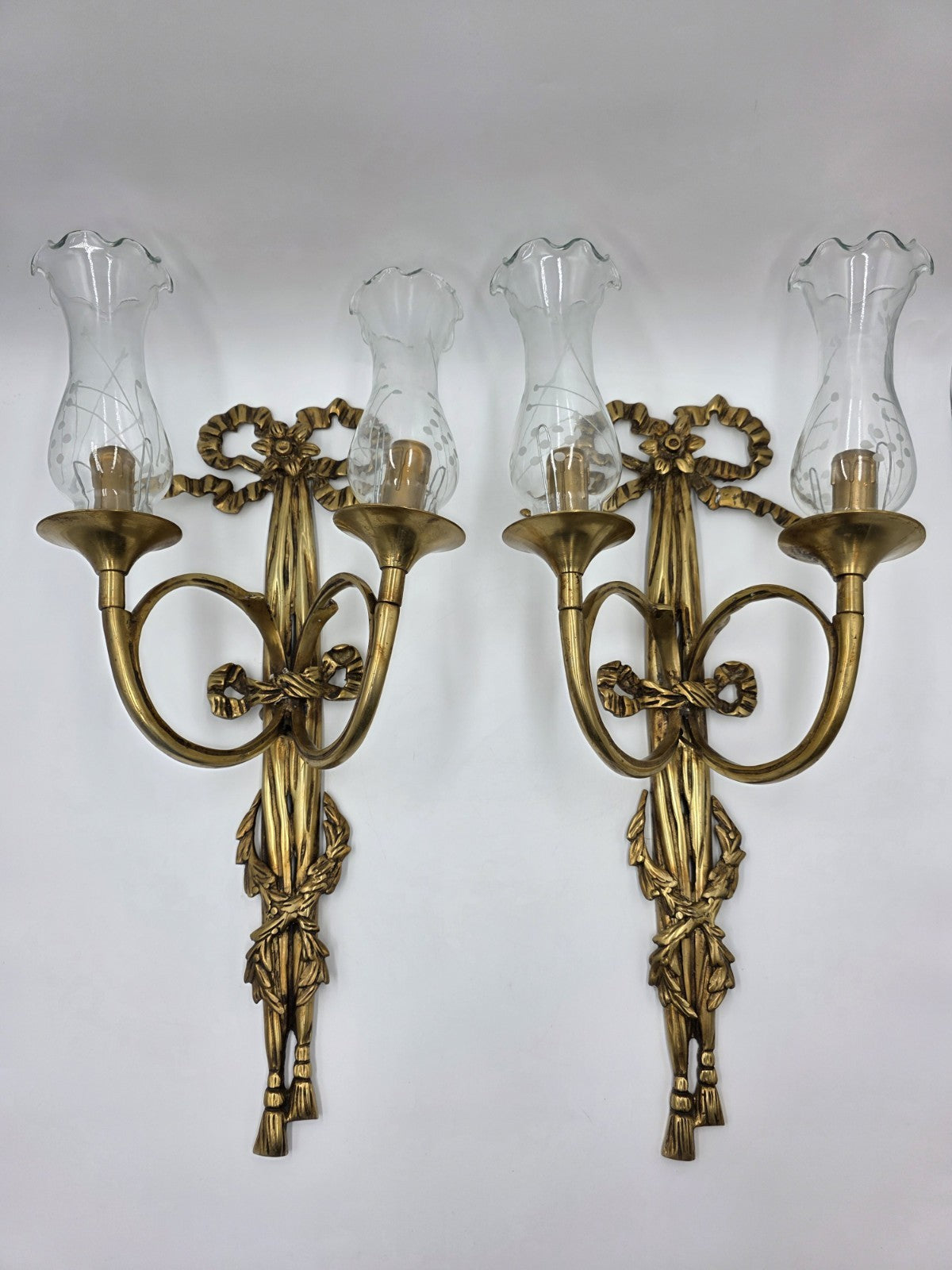 Pair Vintage Louis XVI Style French Ormolu Brass Wall Sconces w/ Etched Glass.