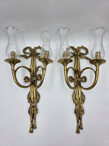 Pair Vintage Louis XVI Style French Ormolu Brass Wall Sconces w/ Etched Glass.