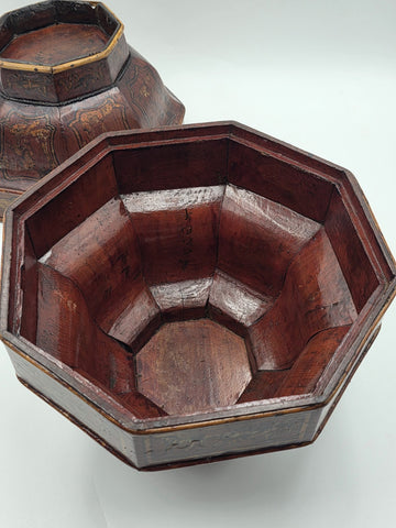 Early 19th C Chinese Qing Dynasty Red Lacquer Wedding Gift Basket Gilt Figures