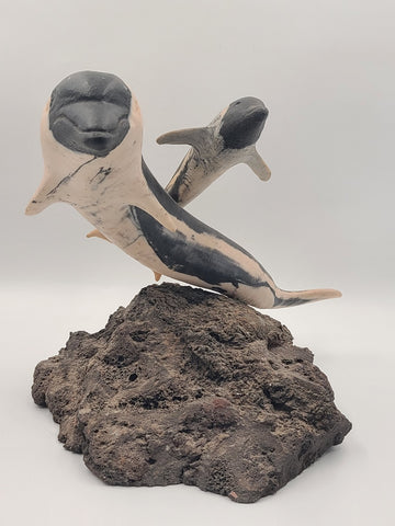 Rare Large Signed NLW Ltd Edition Stone Dolphin Sculpture 132/200 on Lava Base