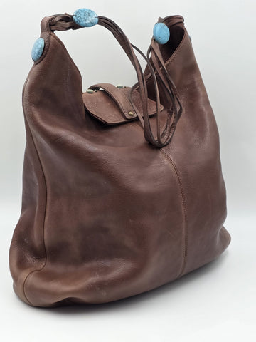 Vintage Cole Haan G Series Brown Leather Native American Style Large Hobo Bag