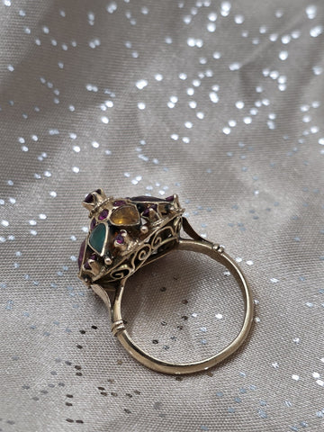 Vintage 14K Gold Multi Gemstone Dome Cluster Ring Garnet Amethyst Citrine Sz 7