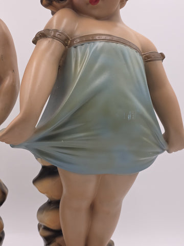 Paor huge 1920 French Art Deco Chalkware polychrome boy & girl figurine statues