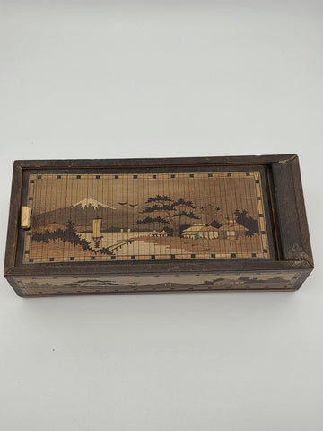 Vintage Japan Traditional Sliding Lid Box Rolltop Trinket Rectangular Wooden Box