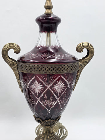 Pair Bohemian Ruby Red Crystal Lamp, Cut-to-Clear Czech Glass, Hollywood Regency