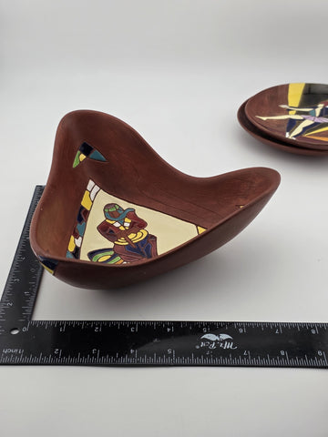 Vtg Keramos Hand Painted Art Pottery Bowl & Plates Lot 7 Mid Century Figurative