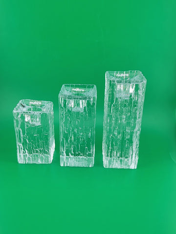 Rare Vintage Set Of 3 Nybro Crystal Heavy Glass Candlestick Holders Ice Pillars