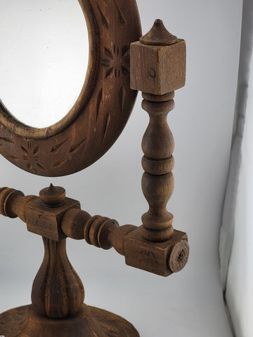 Vintage Wood Vanity Mirror Carved Swivel Round Gothic Witch Style