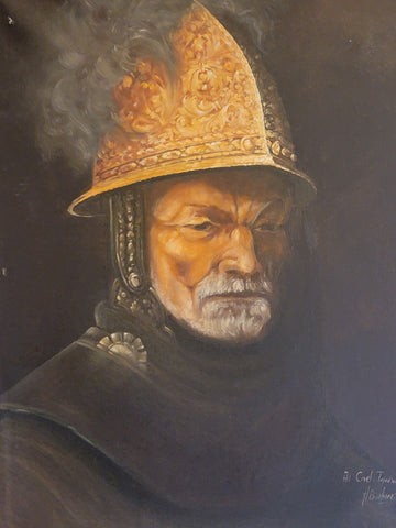 Antique European Oil on Canvas Painting, Man In Gold Helmet. signed H. BARBIERI.