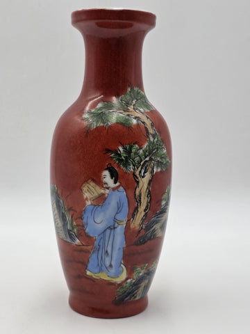 Antique Chinese Republic Famille Rose Coral Red Scholar Vase Qianlong Mark 10"