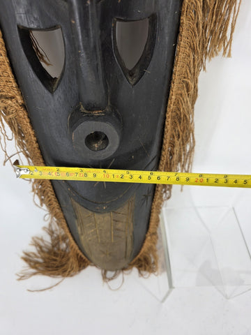 Vintage 40” West African Hand Carved Wood Mask Raffia Fringe Tribal Wall Art