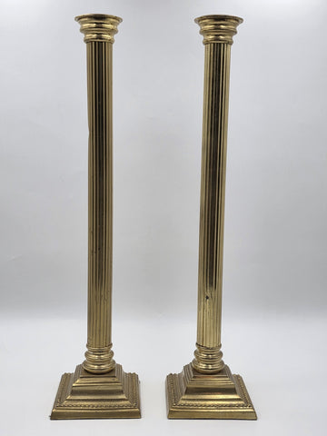 Pair Antique Monumental Brass Fluted Column Candlestick Neoclassical Regency 22”
