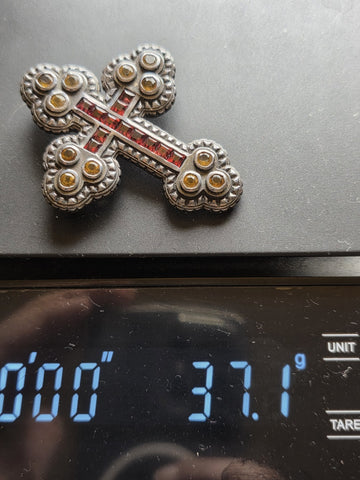 Vintage 8.45ctw Gemstone Cross Pendant 925 Sterling Silver Citrine Garnet Brooch