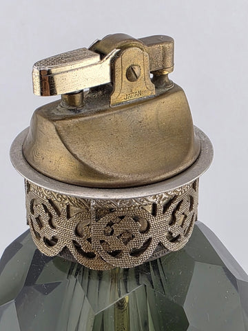 Rare Antique Bohemian Amber Cut Crystal & Brass On Marble Ornate Table Lighter.