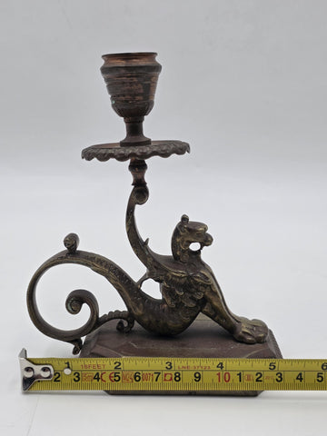 Antique Pair Solid Bronze Griffin Candlesticks Renaissance Revival Winged Lions
