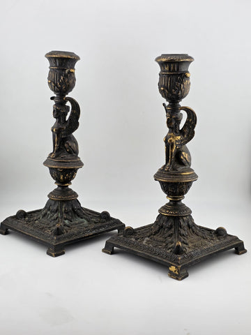 Ultra Rare 19th Century Egyptian Revival Gilt Bronze Sphinx Candlestick Holders