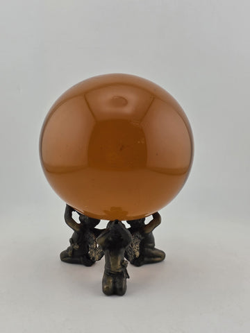 Vintage Amber Glass Crystal Ball Sphere w/ Brass Cherub Putti Base 4” Inch Dia.