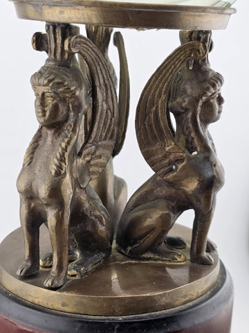 Antique Empire Revival Bronze Sphinx Jardiniere Stand on Marble Base W Glass Orb