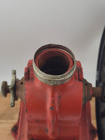 Vintage Elma Big Wheel Coffee Mill Grinder Cast Iron Wheel Mounted On Wood Base