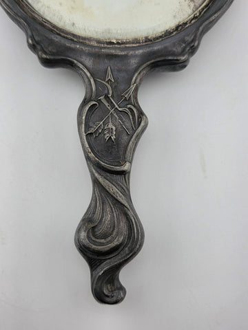 Antique Art Nouveau Silver Cupid Cherub Angel Figural Hand-Held Vanity Mirror