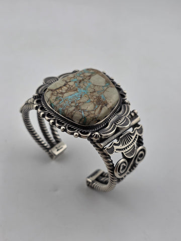 Huge Vintage Oscar Alexius Turquoise Sterling Silver Cuff Bracelet Navajo Signed