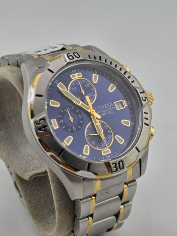 Citizen GN-4-S Chronograph 100M Two-Tone Blue Dial Quartz Men’s Watch. Working