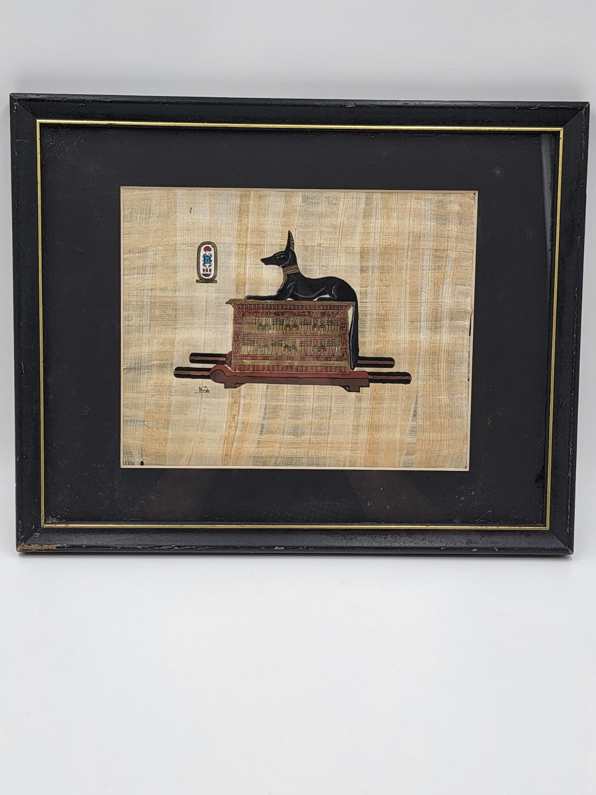 Vintage Anubis Papyrus Hand Painted Egyptian Art framed Made in Egypt W COA.
