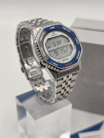 Seiko SMGG21P1 A824 Digital Alarm Chronograph Blue Bezel Watch Box Papers