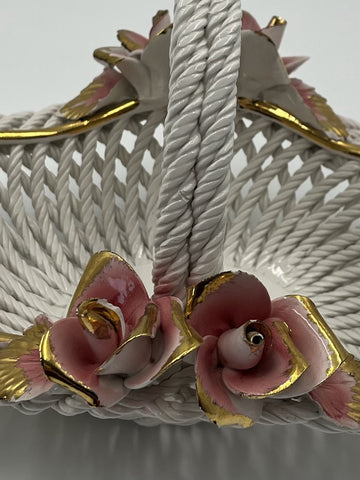 Vintage Capodimonte Italy Porcelain Woven Basket  With Pink Roses & Gold Details