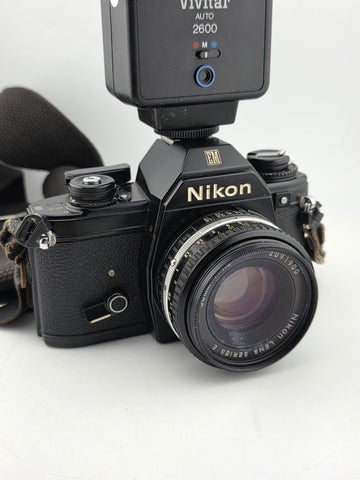 Vintage 70's Nikon EM 35mm Film Camera + 50mm f1.8 Lens + Vivitar Flash Untested
