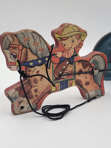 1940'S PULL TOY COWBOY ON HORSE Wood Metal Wheels Gong Bell Mfg.Co.