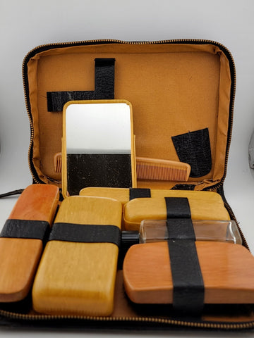 Antique Rumpp Vanity Travel Kit Leather Case w/Mohawk Men's Shaving Grooming ICS